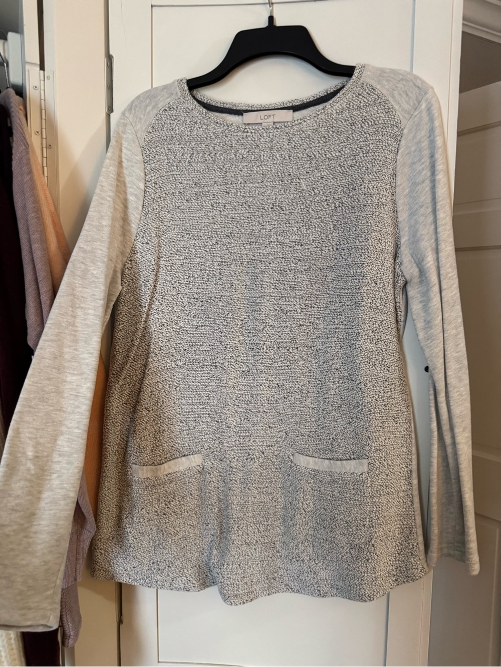 LOFT Light Heather Gray Textured Crewneck Sweater